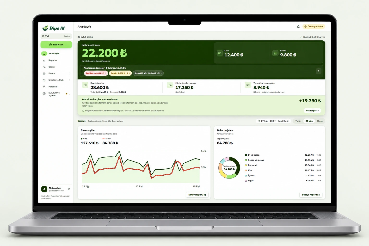 Dips AI finans paneli MacBook üzerinde